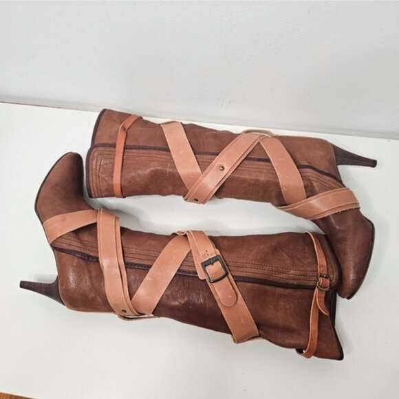 CHLOE Brown Leather Knee High Tall Boots Sz 9 / 40 EUR Wrap Around Straps Y2K - Picture 7 of 11